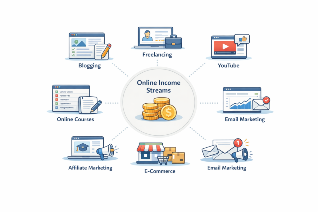 Concept image showing multiple online income streams