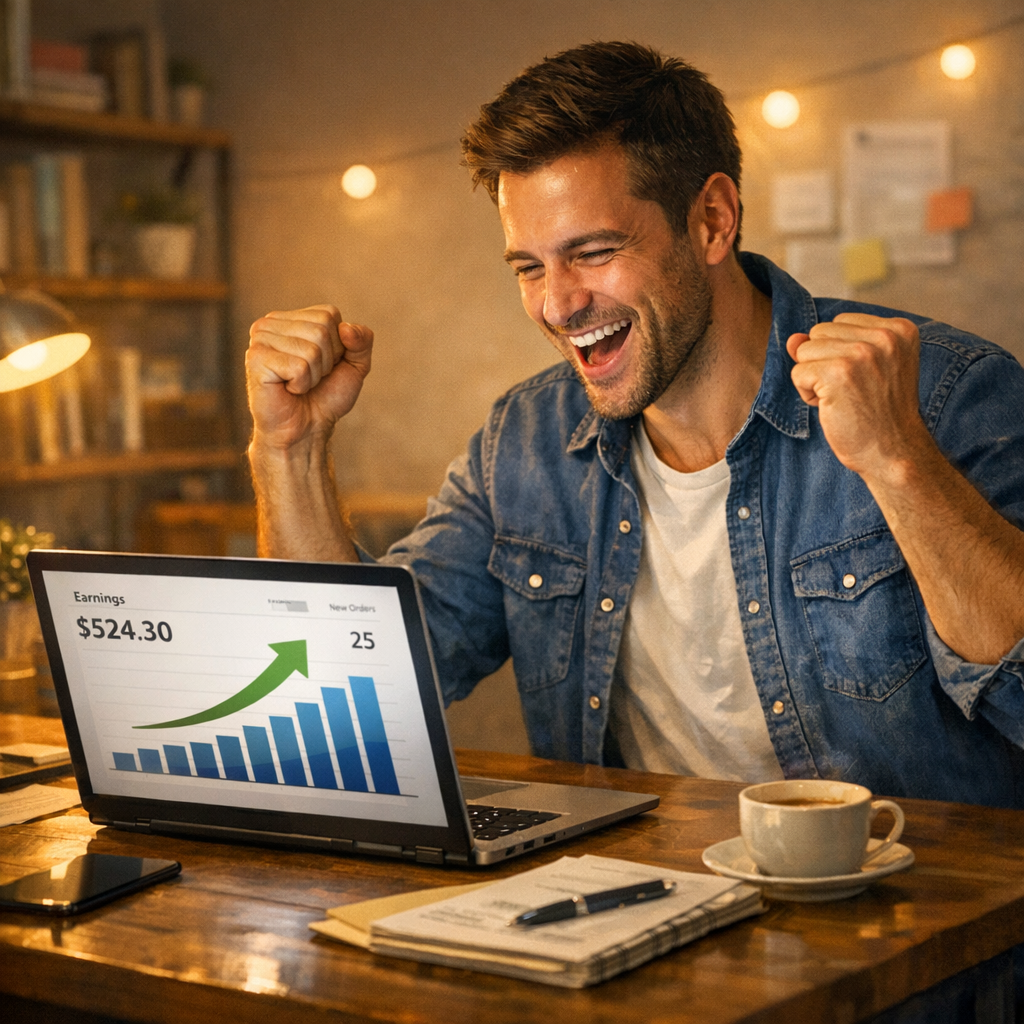 Person celebrating small online income success