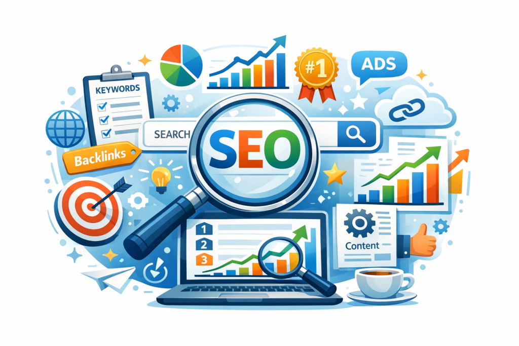SEO optimization concept with magnifying glass