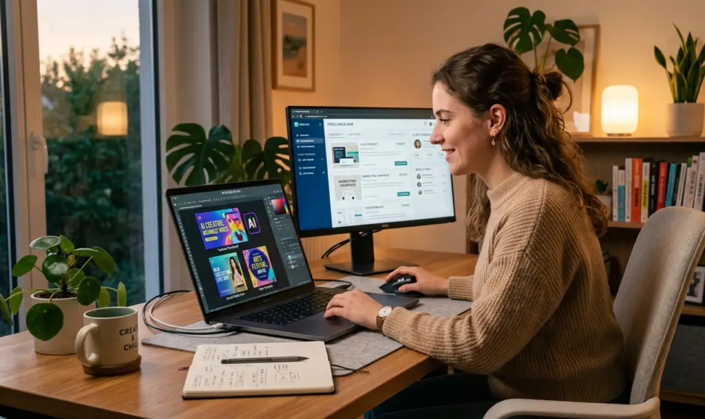 Freelancer working on laptop at home office creating YouTube thumbnails, social media posts, and flyers using Canva AI to offer design services on Fiverr