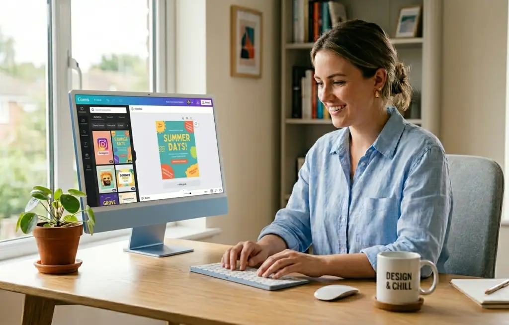A young professional designing with Canva AI on laptop at clean home office desk, showing how beginners can make money online without design skills