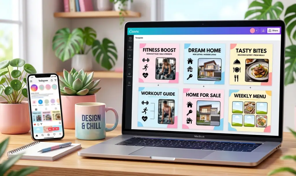 Multiple Instagram post templates displayed on laptop screen showing fitness, real estate, and food niches created with Canva AI for selling online