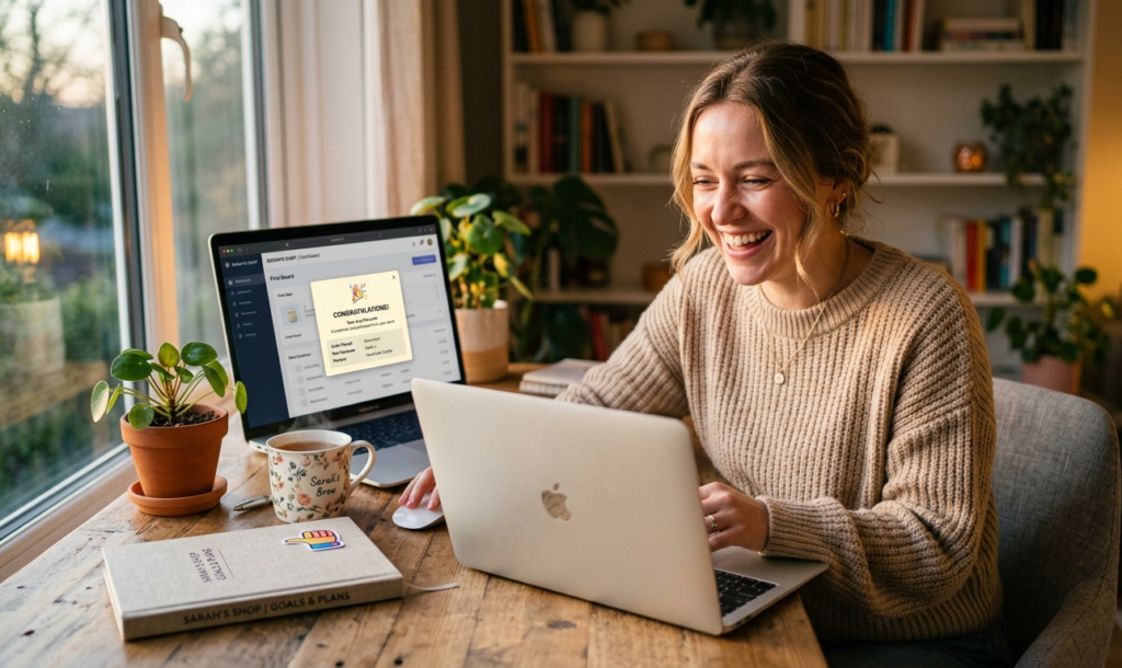 Young woman Sarah smiling at laptop showing Etsy first sale notification for $12, demonstrating how beginners earned $300 in one month using Canva AI without design experience